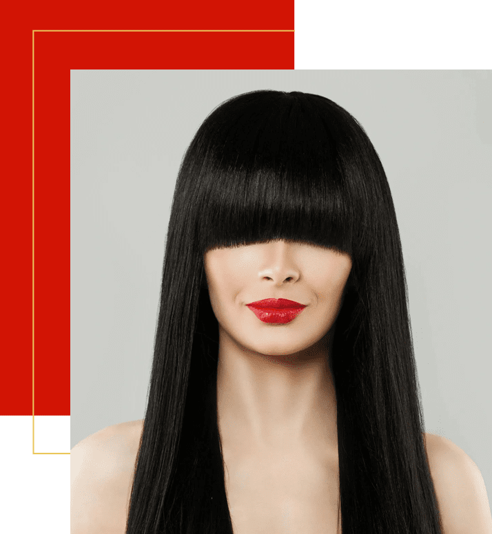 A woman with long black hair and red lipstick.