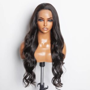 A mannequin wearing long black hair with wavy ends.