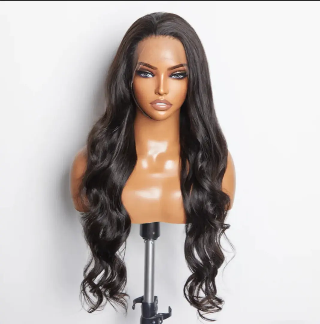 A mannequin wearing long black hair with wavy ends.