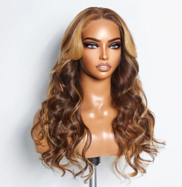 A mannequin wearing long brown hair and a wig.