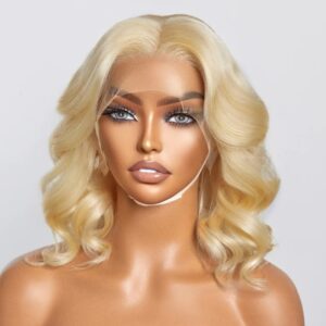 A mannequin with blonde hair and blue eyes.