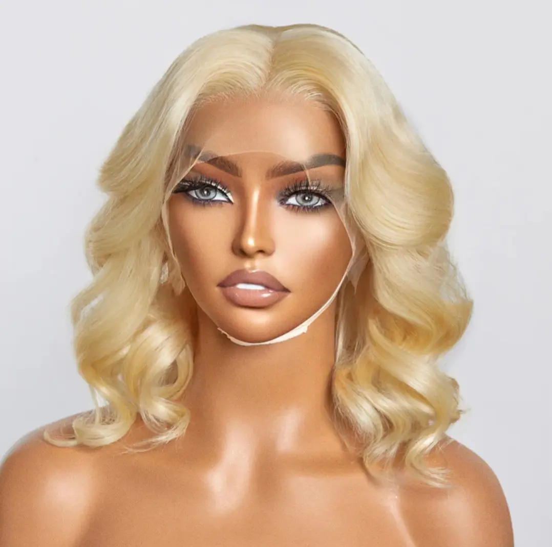 A mannequin with blonde hair and blue eyes.