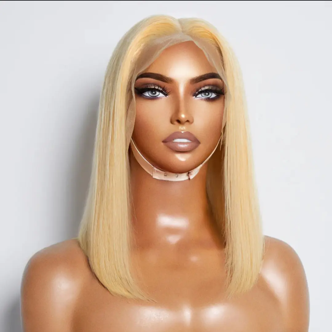 A mannequin with blonde hair and a face mask.