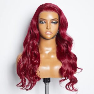 A mannequin wearing a long red wig.