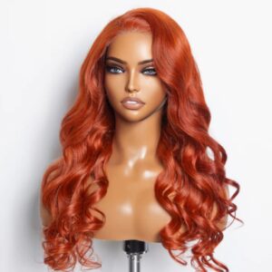 A mannequin wearing a wig with long red hair.